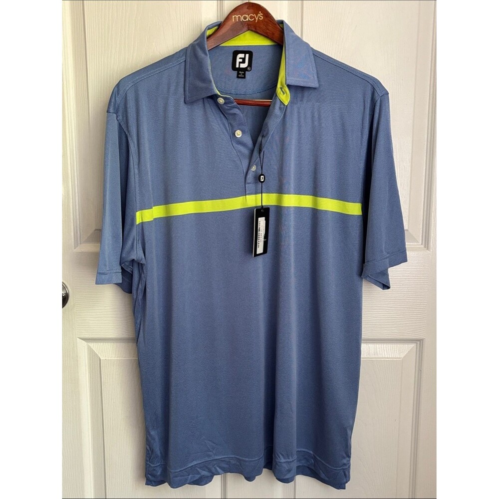 NEW FootJoy Engineered Nailhead Pro Dry Blue Polo Citrus green Stripe XL Golfing